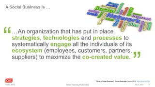 A Social Business Is …




“    …An organization that has put in place
     strategies, technologies and processes to
    ...