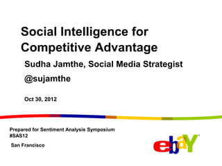 Social Intelligence for
    Competitive Advantage
     Sudha Jamthe, Social Media Strategist
     @sujamthe

     Oct 30, 2012




Prepared for Sentiment Analysis Symposium
#SAS12
San Francisco
 