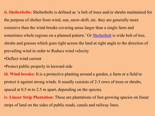 ii. Shelterbelts: Shelterbelts is defined as ‘a belt of trees and/or shrubs maintained for
the purpose of shelter from wind, sun, snow-drift, etc. they are generally more
extensive than the wind-breaks covering areas larger than a single farm and
sometimes whole regions on a planned pattern.’ Or Shelterbelt is wide belt of tree,
shrubs and grasses which goes right across the land at right angle to the direction of
prevailing wind in order to Reduce wind velocity
•Deflect wind current
•Protect public properly in leeward side
iii. Wind breaks: It is a protective planting around a garden, a farm or a field to
protect it against strong winds. It usually consists of 2-3 rows of trees or shrubs,
spaced at 0.5 m to 2.5 m apart, depending on the species.
iv. Linear Strip Plantation: These are plantations of fast-growing species on linear
strips of land on the sides of public roads, canals and railway lines.
 