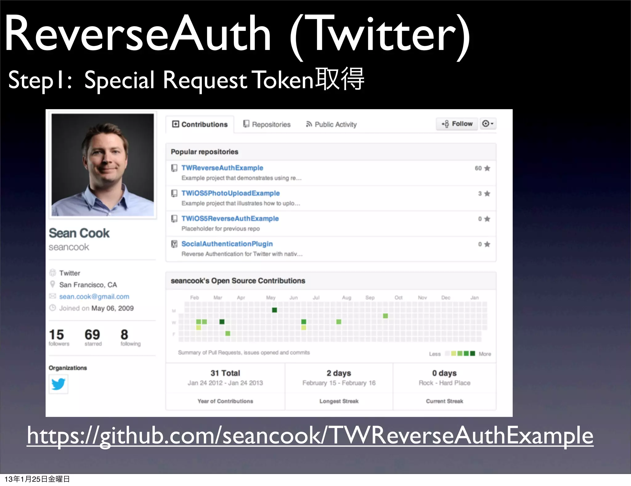 ReverseAuth (Twitter)
Step1: Special Request Token取得




   https://github.com/seancook/TWReverseAuthExample
13年1月25日金曜日
 
