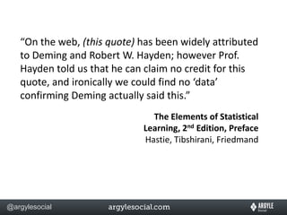 “On the web, (this quote) has been widely attributed to Deming and Robert W. Hayden; however Prof. Hayden told us that he can claim no credit for this quote, and ironically we could find no ‘data’ confirming Deming actually said this.”The Elements of Statistical Learning, 2nd Edition, PrefaceHastie, Tibshirani, Friedmand