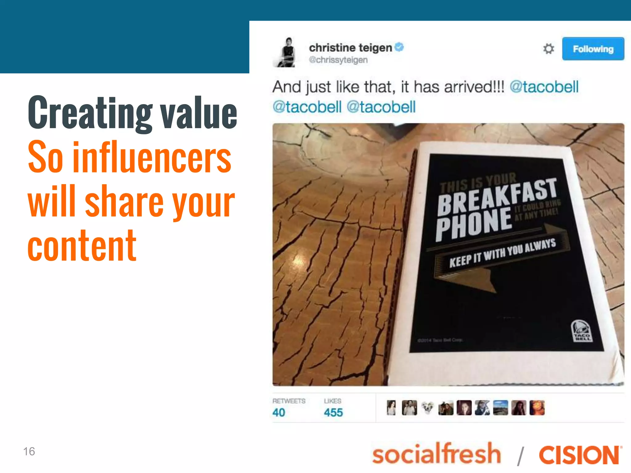/16
Creating value
So influencers
will share your
content
 