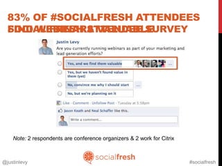 83% OF #SOCIALFRESH ATTENDEES
  FIND WEBINARS VALUABLE
  SOCIAL FRESH ATTENDEE SURVEY




    Note: 2 respondents are conference organizers & 2 work for Citrix



@justinlevy                                                             #socialfresh
 