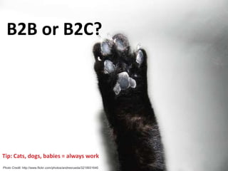 @justinlevy                                                              #knxsoc




  B2B or B2C?




Tip: Cats, dogs, babies = always work
     Photo Credit: http://www.flickr.com/photos/divine_harvester/2414090010

Photo Credit: http://www.flickr.com/photos/andresrueda/3219931640
 