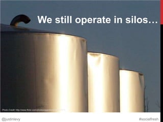 We still operate in silos…




Photo Credit: http://www.flickr.com/photos/gigiomc/2239357678



@justinlevy                                                     #socialfresh
 