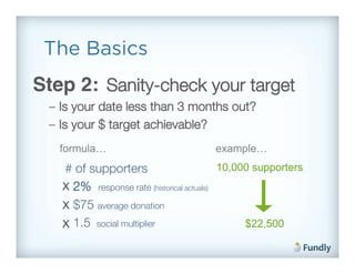 The Basics
Step 2: Sanity-check your target!
 –  Is your date less than 3 months out?!
 –  Is your $ target achievable?!
   formula…                            example…
   # of supporters !                        10,000 supporters
   X!2% response rate (historical actuals)!
   X!$75 average donation!
   X!1.5 social multiplier!                      $22,500
 