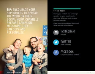 SOCIAL MEDIA 
Share your content and campaign 
updates on your social media 
channels. Schedule posts on your 
content calendar. 
Keep in mind what kinds of content 
work best for each channel: 
INSTAGRAM 
Images 
TWITTER 
Short updates 
FACEBOOK 
Longer illustrated content 
TIP: ENCOURAGE YOUR 
SUPPORTERS TO SPREAD 
THE WORD ON THEIR 
SOCIAL MEDIA CHANNELS. 
PREPARE CAMPAIGN 
MESSAGING THEY 
CAN COPY AND 
PERSONALIZE. 
SOCIAL FUNDRAISING FOR CHARITIES 12 / 16 
 