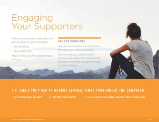Engaging 
Your Supporters 
There are two ways supporters can 
get involved in your campaign: 
• By donating 
• By fundraising 
Make a clear ask for each of these 
actions. 
ASK FOR DONATIONS 
Ask donors to make a contribution 
through your campaign page. 
Use the ask you crafted earlier 
and be clear about the impact their 
donation will have, and don’t forget 
to thank donors. 
TIP: EMAIL YOUR ASK TO DONORS SEVERAL TIMES THROUGHOUT THE CAMPAIGN. 
1. At campaign launch 2. At the mid-point 3. As a final reminder before time runs out 
SOCIAL FUNDRAISING FOR CHARITIES 13 / 16 
 