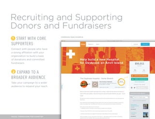Recruiting and Supporting 
Donors and Fundraisers 
1 START WITH CORE 
SUPPORTERS 
Connect with people who have 
a strong affiliation with your 
organization to build a base 
of donations and committed 
fundraisers. 
2 EXPAND TO A 
BROADER AUDIENCE 
Take your campaign to a wider 
audience to expand your reach. 
CAMPAIGN PAGE EXAMPLE 
SOCIAL FUNDRAISING FOR CHARITIES 8 / 16 
 