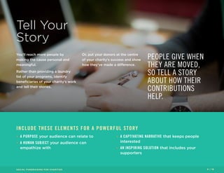 INCLUDE THESE ELEMENTS FOR A POWERFUL STORY 
• A PURPOSE your audience can relate to 
• A HUMAN SUBJECT your audience can 
empathize with 
• A CAPTIVATING NARRATIVE that keeps people 
interested 
• AN INSPIRING SOLUTION that includes your 
supporters 
Tell Your 
Story 
You’ll reach more people by 
making the cause personal and 
meaningful. 
Rather than providing a laundry 
list of your programs, identify 
beneficiaries of your charity’s work 
and tell their stories. 
Or, put your donors at the centre 
of your charity’s success and show 
how they’ve made a difference. 
PEOPLE GIVE WHEN 
THEY ARE MOVED, 
SO TELL A STORY 
ABOUT HOW THEIR 
CONTRIBUTIONS 
HELP. 
SOCIAL FUNDRAISING FOR CHARITIES 9 / 16 
 