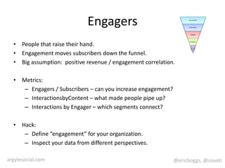 EngagersPeople that raise their hand.Engagement moves subscribers down the funnel.Big assumption:  positive revenue / engagement correlation.Metrics:Engagers / Subscribers – can you increase engagement?InteractionsbyContent – what made people pipe up?Interactions by Engager – which segments connect?Hack:Define “engagement” for your organization.  Inspect your data from different perspectives.
