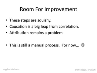 Room For ImprovementThese steps are squishy.Causation is a big leap from correlation.Attribution remains a problem.This is still a manual process.  For now…  