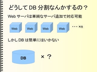 どうして DB 分割なんかするの？
Web サーバは単純なサーバ追加で対応可能
しかし DB は簡単にはいかない
・・・ ×nWeb Web Web Web
DB × ？
 