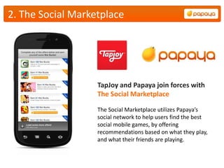 2. The Social Marketplace




                   TapJoy and Papaya join forces with
                   The Social Marketplace

                   The Social Marketplace utilizes Papaya’s
                   social network to help users find the best
                   social mobile games, by offering
                   recommendations based on what they play,
                   and what their friends are playing.
 