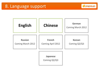 8. Language support


                                                 German
       English           Chinese            Coming March 2012




         Russian             French              Korean
    Coming March 2012   Coming April 2012     Coming Q2/Q3




                            Japanese
                         Coming Q2/Q3
 