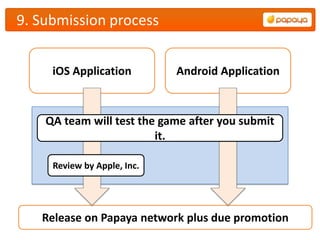 9. Submission process


     iOS Application         Android Application



    QA team will test the game after you submit
                         it.

     Review by Apple, Inc.




   Release on Papaya network plus due promotion
 