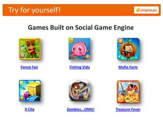 Try for yourself!

       Games Built on Social Game Engine




   Forest Fair       Fishing Vida     Mafia Farm




     X City         Zombies...OMG!   Treasure Fever
 