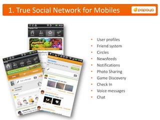 1. True Social Network for Mobiles


                         •   User profiles
                         •   Friend system
                         •   Circles
                         •   Newsfeeds
                         •   Notifications
                         •   Photo Sharing
                         •   Game Discovery
                         •   Check In
                         •   Voice messages
                         •   Chat
 