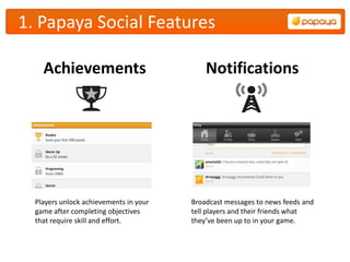 1. Papaya Social Features

    Achievements                            Notifications




  Players unlock achievements in your   Broadcast messages to news feeds and
  game after completing objectives      tell players and their friends what
  that require skill and effort.        they’ve been up to in your game.
 