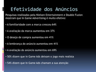 Efetividade dos AnúnciosPesquisas realizadas pela Nielsen Entertainment e Double Fusion mostram que In Game Advertising é muito efetivo: A familiaridade com a marca cresceu 64%