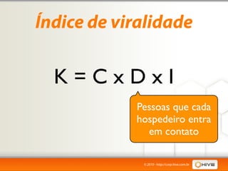 Índice de viralidade

  K=CxDxI
            Pessoas que cada
            hospedeiro entra
              em contato

             © 2010 - http://corp.hive.com.br
 