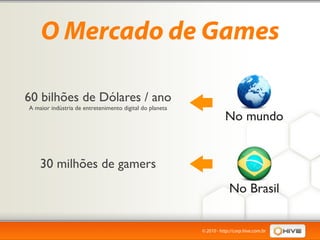 O Mercado de Games

60 bilhões de Dólares / ano
A maior indústria de entretenimento digital do planeta
                                                                    No mundo


    30 milhões de gamers
                                                                      No Brasil


                                                         © 2010 - http://corp.hive.com.br
 