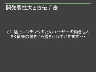 開発費拡大と宣伝手法
が、途上コンテンツのためユーザーの動きも大
きく従来の動きじゃ飽きられていきます・・・
 