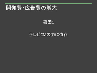 開発費・広告費の増大
要因1
テレビCMの力に依存
 