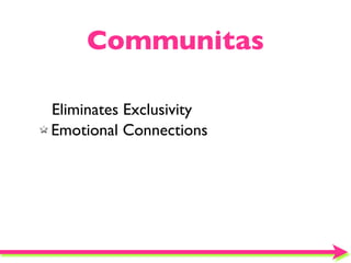 Communitas

Eliminates Exclusivity
Emotional Connections
 