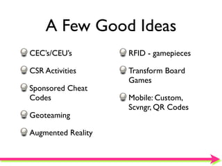 A Few Good Ideas
CEC’s/CEU’s         RFID - gamepieces

CSR Activities      Transform Board
                    Games
Sponsored Cheat
Codes               Mobile: Custom,
                    Scvngr, QR Codes
Geoteaming

Augmented Reality
 