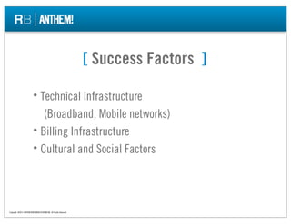 [ Success Factors ]

                          • Technical Infrastructure
                             (Broadband, Mobile ...