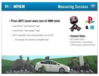 Measuring Success


                        Prius LBP2 Level ranks (out of 4MM total)
                           ‣ rank #...