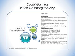 Social Gaming
                  in the Gambling Industry
                                                 June 2012

                                                 Latest Move
                                                 1.MGM Resorts' Planned Social Gaming Website
                                                 Offers New Growth
                                                 2.bwin.party extension of Group strategy into social
                                                 gaming
                                                 3.Crowdpark Secures $6M for Social Gaming
                                                 Strategy
                                                 4.Is Facebook Entering into The Online Gambling
                                                 Scene?
                                                 Change and Growth
                                                 5.PWC Global Gaming Outlook 2013
                                                 6.The competitive Landscape Online
                                                 Gaming/Gambling – A case study
                                                 7.Analysis of multi-player online game traffic based
                                                 on self-similarity
                                                 8.Analysts say investigation raises questions about
                                                 the gaming sector's future growth prospects
                                                 Legal
                                                 9.Japan's Consumer Affairs Agency is investigating
                                                 legality of social gaming sales tactics
                                                 10.William Hill shuts down Australian betting website



On Social Games, Virtual Currency and Gambling




                                                                                                         1
 