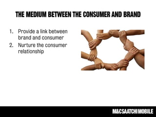 THE MEDIUM BETWEEN THE CONSUMER AND BRAND
1. Provide a link between
brand and consumer
2. Nurture the consumer
relationship
 