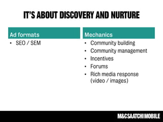 IT’s ABOUT DISCOVERY AND NURTURE
Ad formats
• SEO / SEM
Mechanics
• Community building
• Community management
• Incentives
• Forums
• Rich media response
(video / images)
 