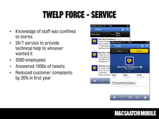 TWELP FORCE - SERVICE
• Knowledge of staff was confined
to stores
• 24/7 service to provide
technical help to whoever
wanted it
• 2000 employees
• Answered 1000s of tweets
• Reduced customer complaints
by 20% in first year
 