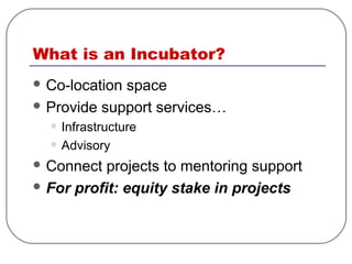 What is an Incubator?
 Co-location space
 Provide support services…
• Infrastructure
• Advisory
 Connect projects to mentoring support
 For profit: equity stake in projects
 