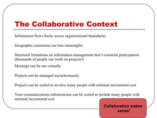 The Collaborative Context
Information flows freely across organizational boundaries
Geographic constraints are less meaningful
Structural limitations on information management don’t constrain participation
(thousands of people can work on projects!)
Meetings can be run virtually
Projects can be managed asynchronously
Projects can be scaled to involve many people with minimal incremental cost
Your communications infrastructure can be scaled to include many people with
minimal incremental cost
Collaboration makes
sense!
 