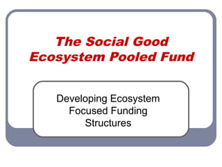 The Social Good
Ecosystem Pooled Fund
Developing Ecosystem
Focused Funding
Structures
 