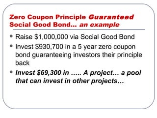 Zero Coupon Principle Guaranteed
Social Good Bond… an example
 Raise $1,000,000 via Social Good Bond
 Invest $930,700 in a 5 year zero coupon
bond guaranteeing investors their principle
back
 Invest $69,300 in ….. A project… a pool
that can invest in other projects…
 