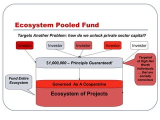 Ecosystem Pooled Fund
$1,000,000 – Principle Guaranteed!
Ecosystem of Projects
Investor Investor Investor Investor Investor
Fund Entire
Ecosystem
Governed As A Cooperative
Targeted
at High Net
Worth
Individuals
… that are
socially
conscious
Targets Another Problem: how do we unlock private sector capital?
 
