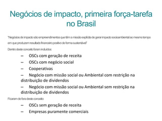 Negócios de impacto, primeira força-tarefa
no Brasil
“Negóciosdeimpactosãoempreendimentosquetêmamissãoexplícitadegerarimpactosocioambientalaomesmotempo
emqueproduzemresultadofinanceiropositivodeformasustentável”
Dentrodesteconceitoforamincluídos:
– OSCs com geração de receita
– OSCs com negócio social
– Cooperativas
– Negócio com missão social ou Ambiental com restrição na
distribuição de dividendos
– Negócio com missão social ou Ambiental sem restrição na
distribuição de dividendos
Ficaramdeforadesteconceito:
– OSCs sem geração de receita
– Empresas puramente comerciais
 
