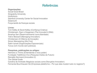 Organizações:
Social Good Brasil
Singularity University
IntoActions
Stanford University Center for Social Innovation
Sistema B
Força-tarefa de finanças sociais
Livros:
Tom Kelley & David Kelley (Confiança Criativa)
Christensen, Dyer e Gregersen (The Innovator’s DNA)
Amartya Sen (Desenvolvimento como liberdade)
Tidd e Bessant (Managing Innovation)
Christensen (O Dilema da Inovação)
Simon Mainwairing (We First)
Salim Ismail (Organizações Exponenciais)
Yunus (Um mundo sem pobreza)
Pesquisas, publicações ou artigos:
Heimans e Timms (Entendendo o novo poder)
Fundação Telefônica Vivo (Pesquisa Visões de Futuro)
Reinaldo Normand (Innovation 2)
The Global Goals
Carolina de Andrade (Negócios sociais como Disruptive Innovation)
Fernanda Bournhausen Sá (Empresas plataforma – Por que elas mudam tudo no negócio?)
Referências
 