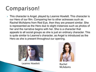 This character is Angel, played by Leanne Howlett. This character is our Hero of our film. Comparing her to other actresses such as Rachel McAdams from Red Eye, then they are present similar. She is represented as the Hero due to slight instances such as photos of her and the narrative begins with her. She is a character that appeals to all social groups as she is just an ordinary character. This is quite similar to Leanne's character, as Angel is introduced as the Hero as she is present throughout our opening.Comparison! Leanne HowlettRachel McAdams
