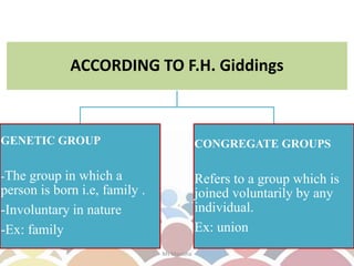ACCORDING TO F.H. Giddings
GENETIC GROUP
-The group in which a
person is born i.e, family .
-Involuntary in nature
-Ex: family
CONGREGATE GROUPS
Refers to a group which is
joined voluntarily by any
individual.
Ex: union
Ms Manisha
 