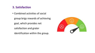 3. Satisfaction
• Combined activities of social
group brigs rewards of achieving
goal, which provides net
satisfaction and grater
identification within the group.
 