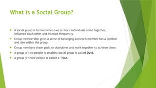What is a Social Group?
 A social group is formed when two or more individuals come together,
influence each other and interact frequently.
 Group membership gives a sense of belonging and each member has a position
and role within the group.
 Group members share goals or objectives and work together to achieve them.
 A group of two people is smallest social group is called Dyid.
 A group of three people is called a Triad.
 