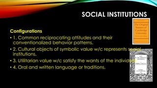 SOCIAL INSTITUTIONS
Configurations
• 1. Common reciprocating attitudes and their
conventionalized behavior patterns.
• 2. Cultural objects of symbolic value w/c represents social
institutions.
• 3. Utilitarian value w/c satisfy the wants of the individual.
• 4. Oral and written language or traditions.
 