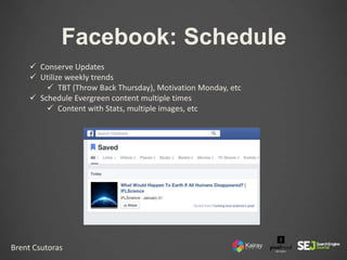 Facebook: Schedule
Brent Csutoras
 Conserve Updates
 Utilize weekly trends
 TBT (Throw Back Thursday), Motivation Monda...