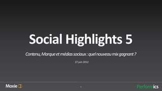 Social Highlights 5
Contenu, Marque et médias sociaux : quel nouveau mix gagnant ?
                           27 juin 2012




                               1
 